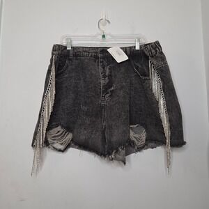 Savanna Jane Black Acid Wash Rhinestone Fringe Distressed Denim Shorts 3X‎ NEW